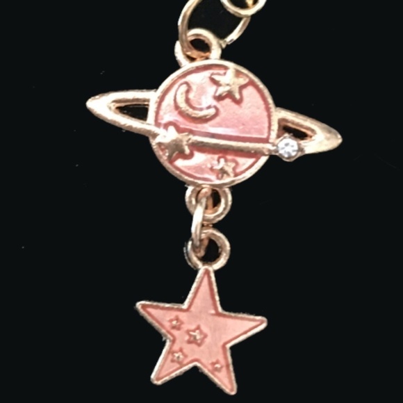 HAND Crafted Drop Earrings Celestial Planet and  Stars Rhinestones Peach - Picture 2 of 5